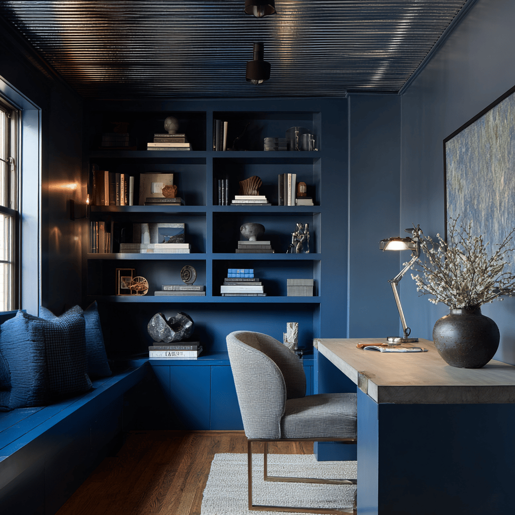 Moody blue home office with built-ins and a wooden desk.