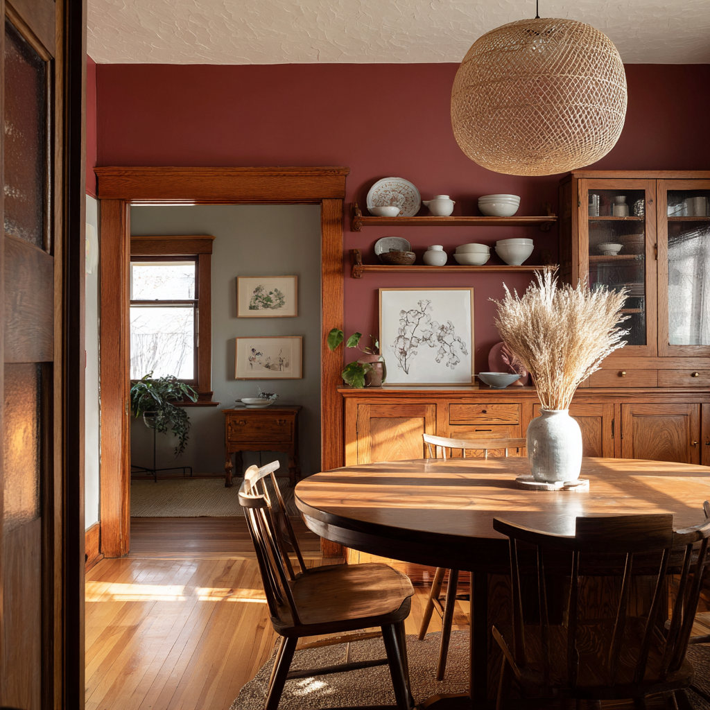Craftsman dining room with wood furniture and red walls.