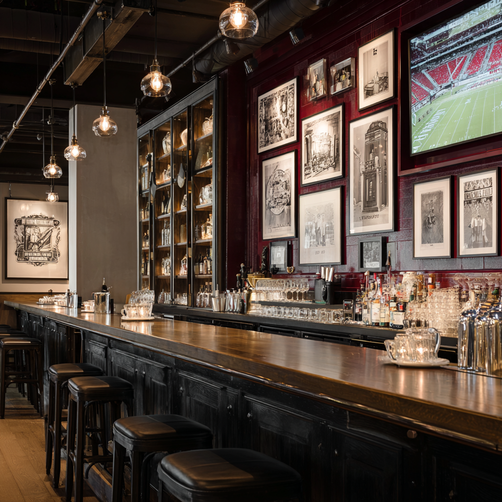 Upscale bar with burgundy walls, art, and a long wood counter.