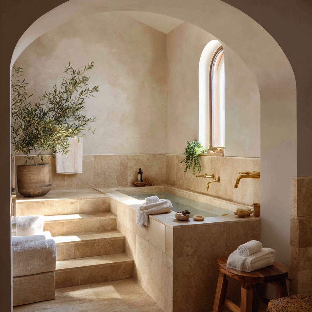 Travertine sunken tub in an arched alcove with brass.