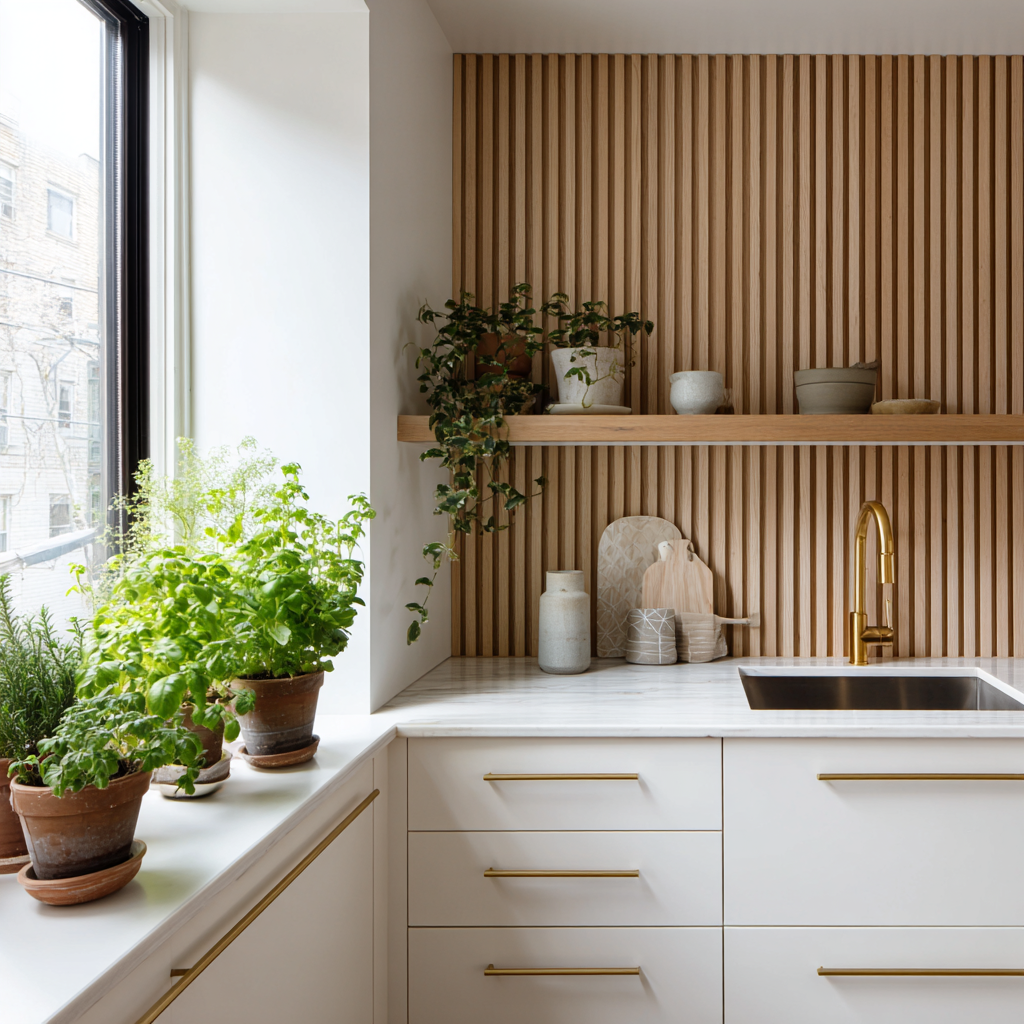 Bright, plant-filled kitchen with vertical slat panels.