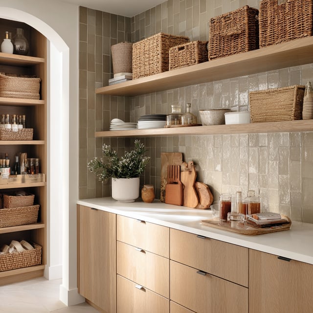 A Scandinavian-inspired kitchen with light wood cabinetry, open shelving, and a tiled wall, featuring a pantry with woven baskets.