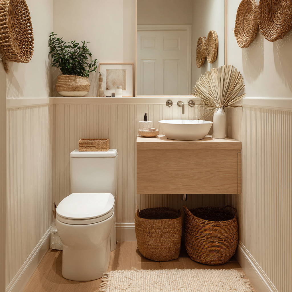 Scandinavian-inspired small powder room with natural wood and woven decor.