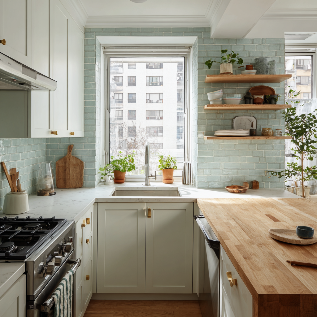 U-shaped kitchen with mint tile and wood island counter.