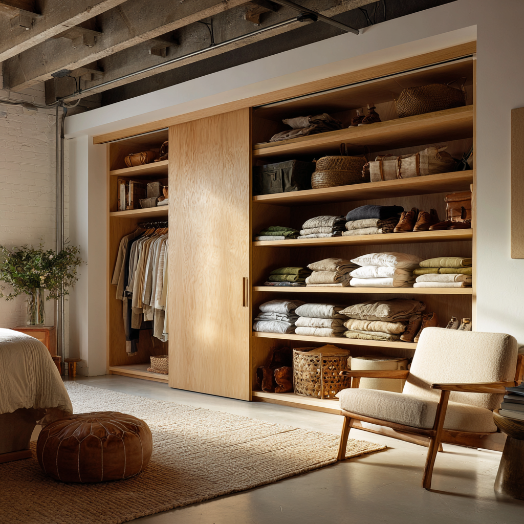 light-filled basement with large built-in wardrobe and reading chair