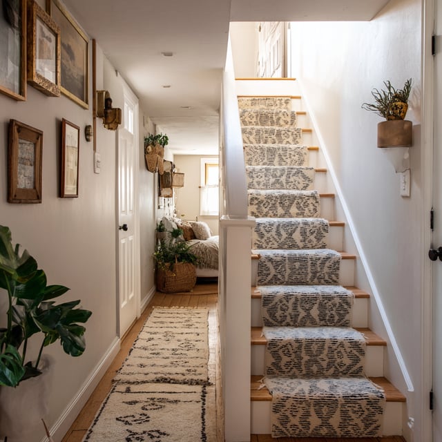 A hallway with a runner rug and a staircase.