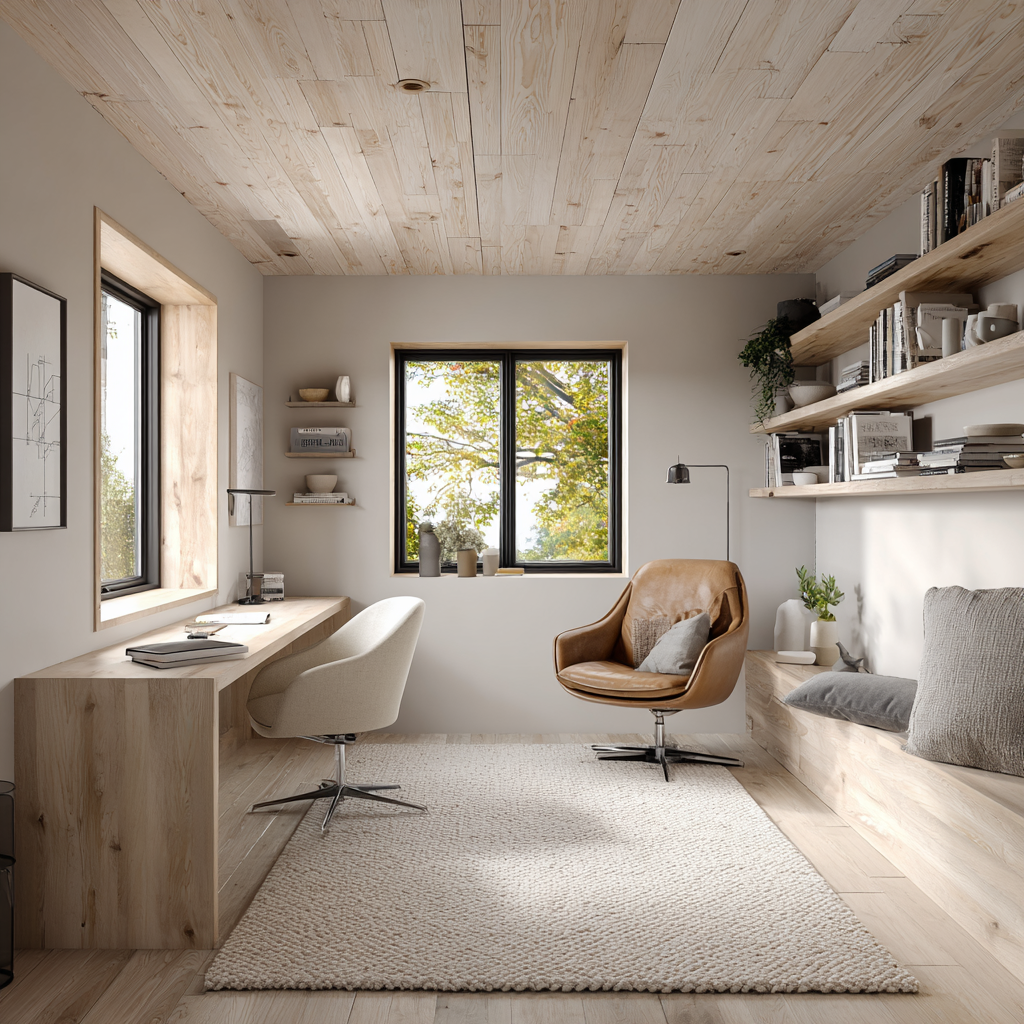 A light wood home office and lounge area.