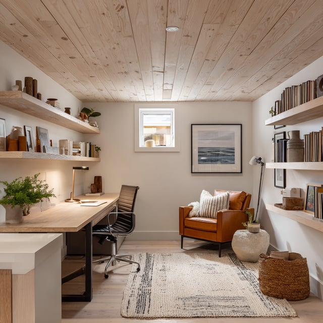 Modern office with wood ceiling, long desk, and leather chair.