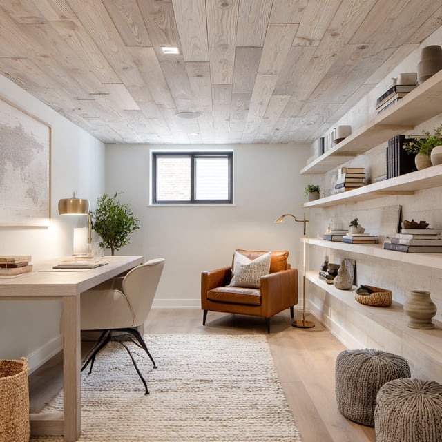 Basement home office with wood-paneled ceiling and built-in shelving.