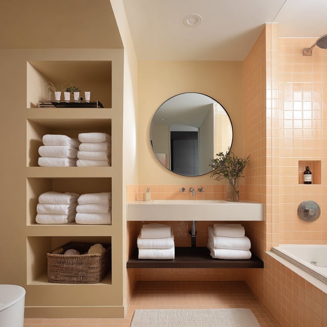 Bathroom with orange tiles and open shelving.