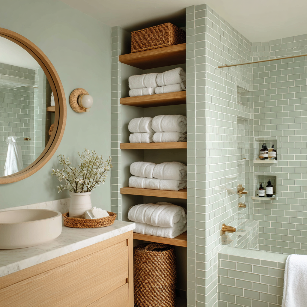 A bathroom fully wrapped in pale seafoam green with subway tiles and open shelving.