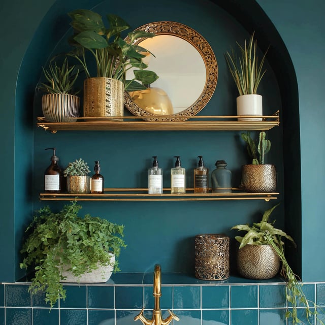 Teal bathroom nook with gold shelves, plants, and mirror.