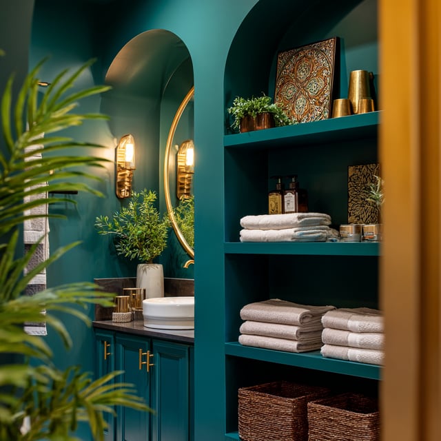 Bathroom with peacock green walls, gold accents, and shelving.