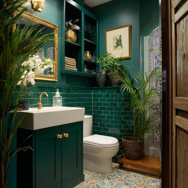 Teal bathroom with gold fixtures, plant, and patterned floor.