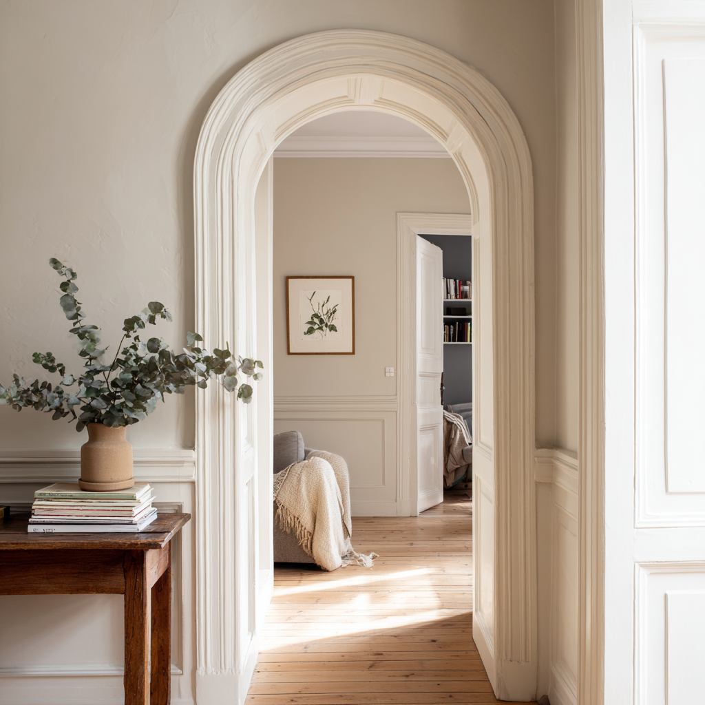 Image 4: Layered casing moulding frames this arched doorway and gives the transition genuine architectural presence.