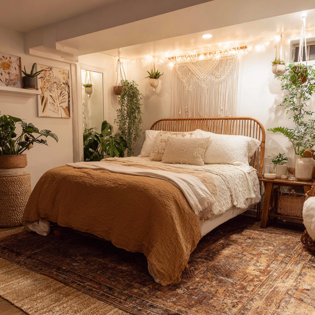 boho basement bedroom with macramé, plants, and rattan bed