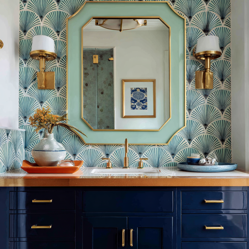 A bold Art Deco bathroom vignette features a large, light mint green octagonal mirror with a gold frame mounted above a dark blue vanity with gold hardware and a wood countertop, all set against a white wall with a repeating teal and white fan-patterned wallpaper and coordinating tile wainscoting, flanked by two brass and white wall sconces.
