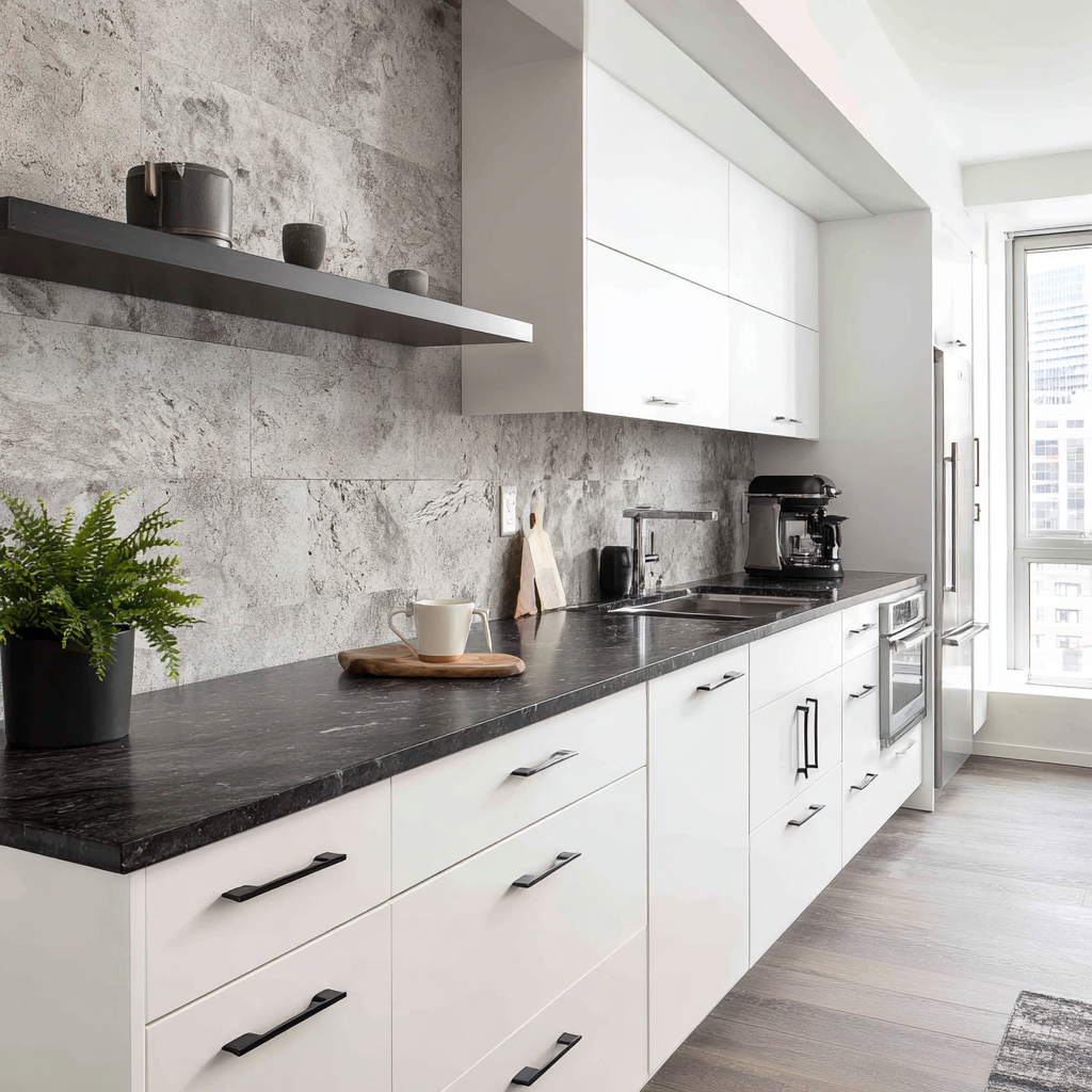 A modern, bold contemporary kitchen featuring flat-panel white cabinetry, dramatic black marble countertops, and a heavily textured gray stone tile backsplash.