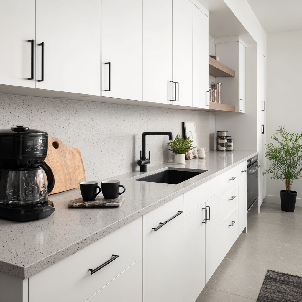A modern, bold contemporary kitchen featuring flat-panel white cabinetry, dramatic black marble countertops, and a heavily textured gray stone tile backsplash.