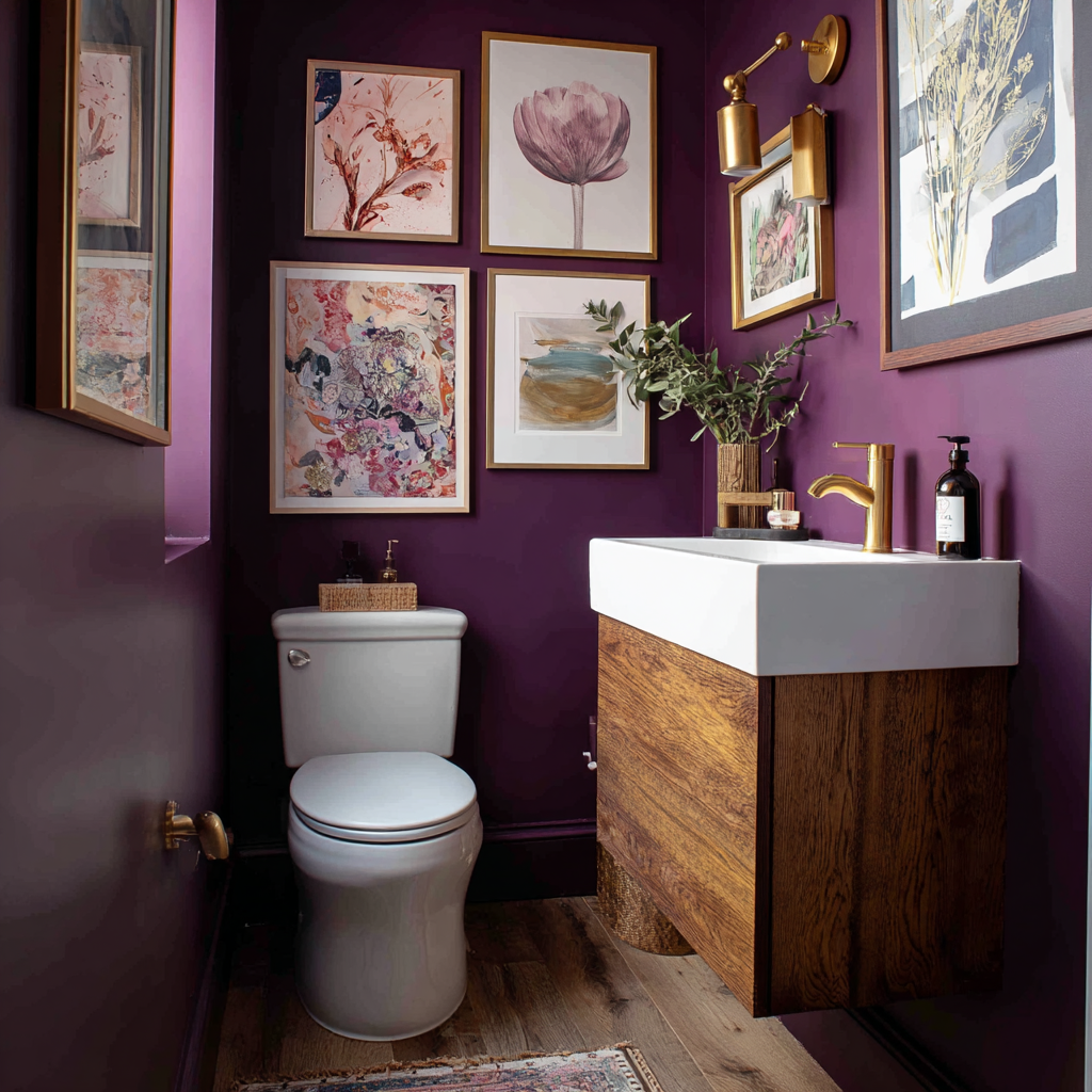 A half-bath with purple walls, artwork, and wood vanity.