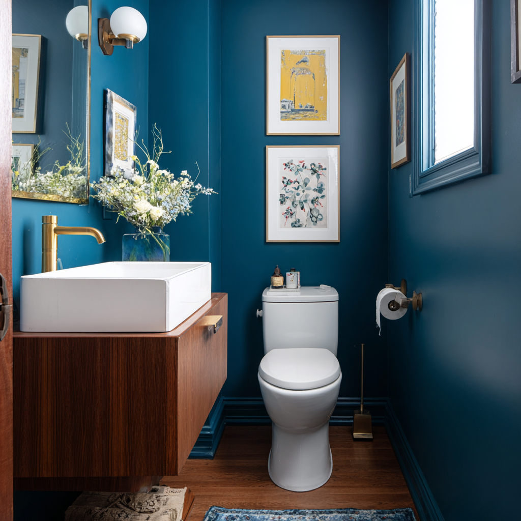 Bold blue half bath with floating vanity and art.