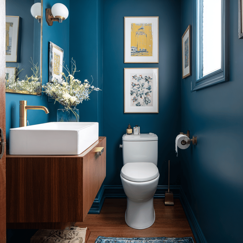 A_bold_jewel-toned_half_bath_with_smooth_painted_walls
