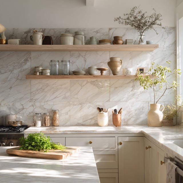 Chic marble kitchen with wood shelves and bright sunlight.