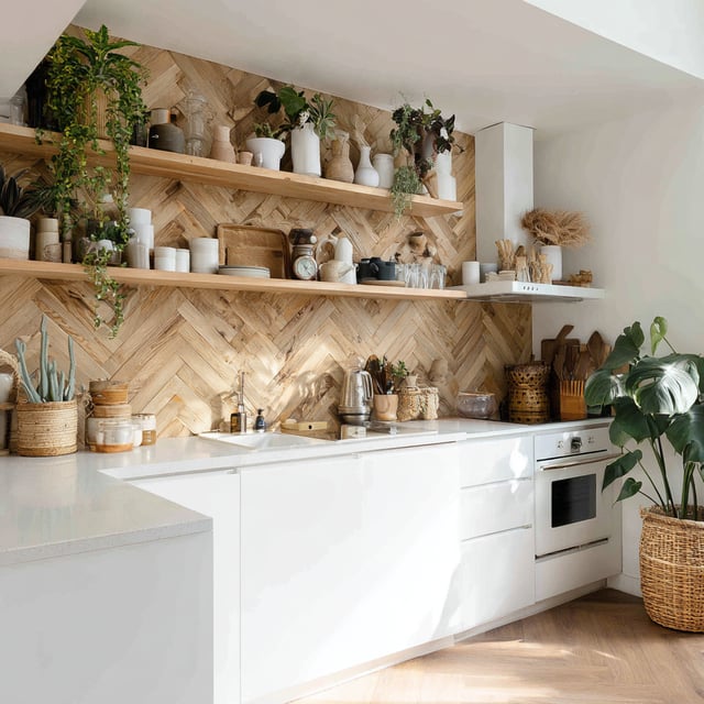 A bright kitchen with wood backsplash and white cabinets.