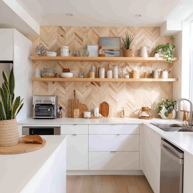 A bright, airy kitchen with white cabinetry, open wooden shelving, and a natural wood herringbone backsplash.