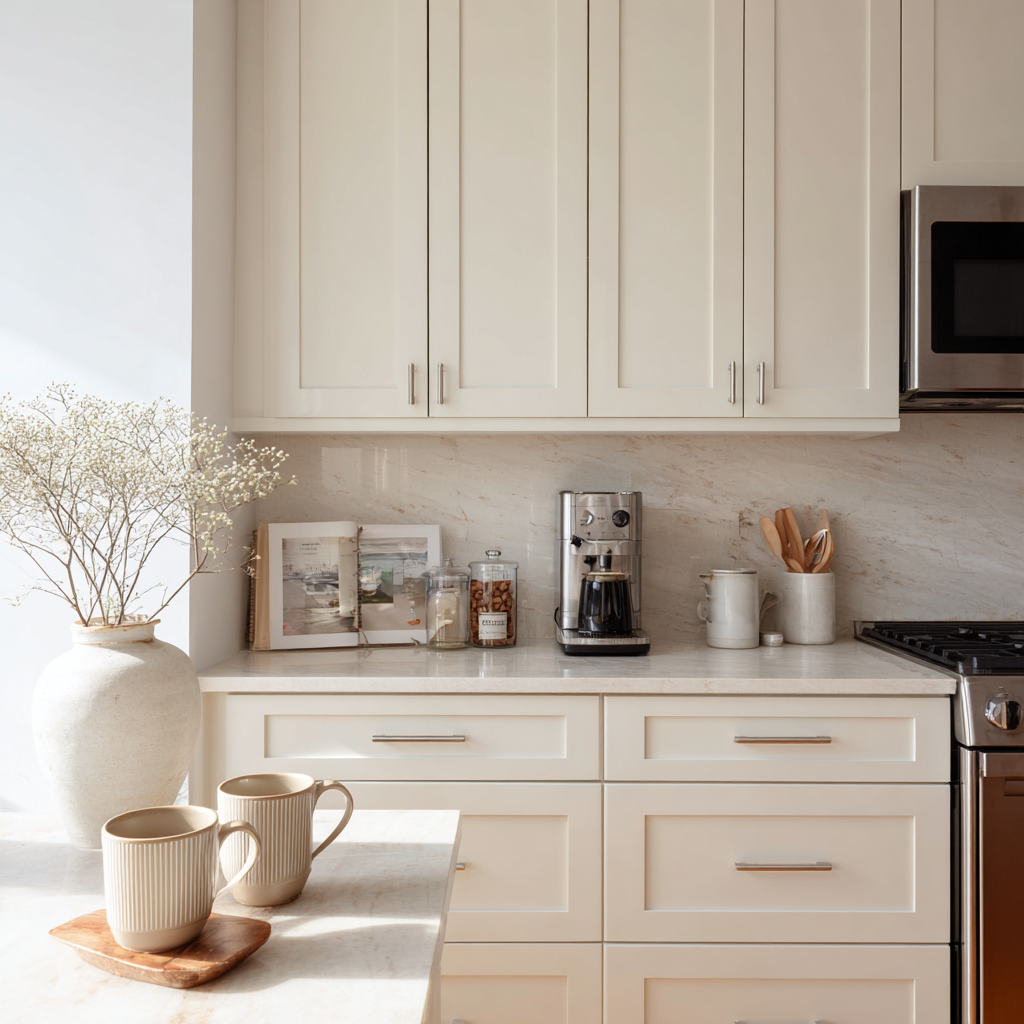 Creamy kitchen with marble tops, silver handles and mugs
