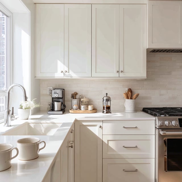 Bright, airy kitchen with white shaker cabinets and subway tile.
