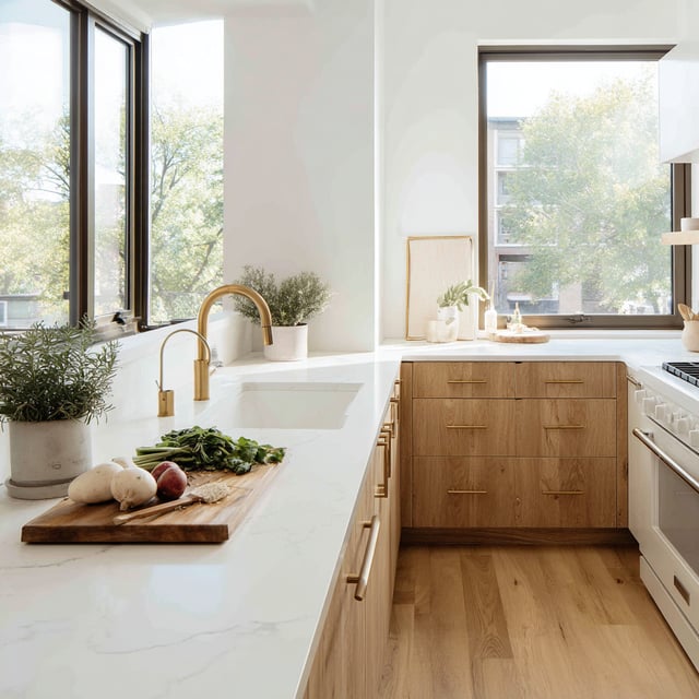  Modern kitchen with white counters, wood cabinets, and gold.
