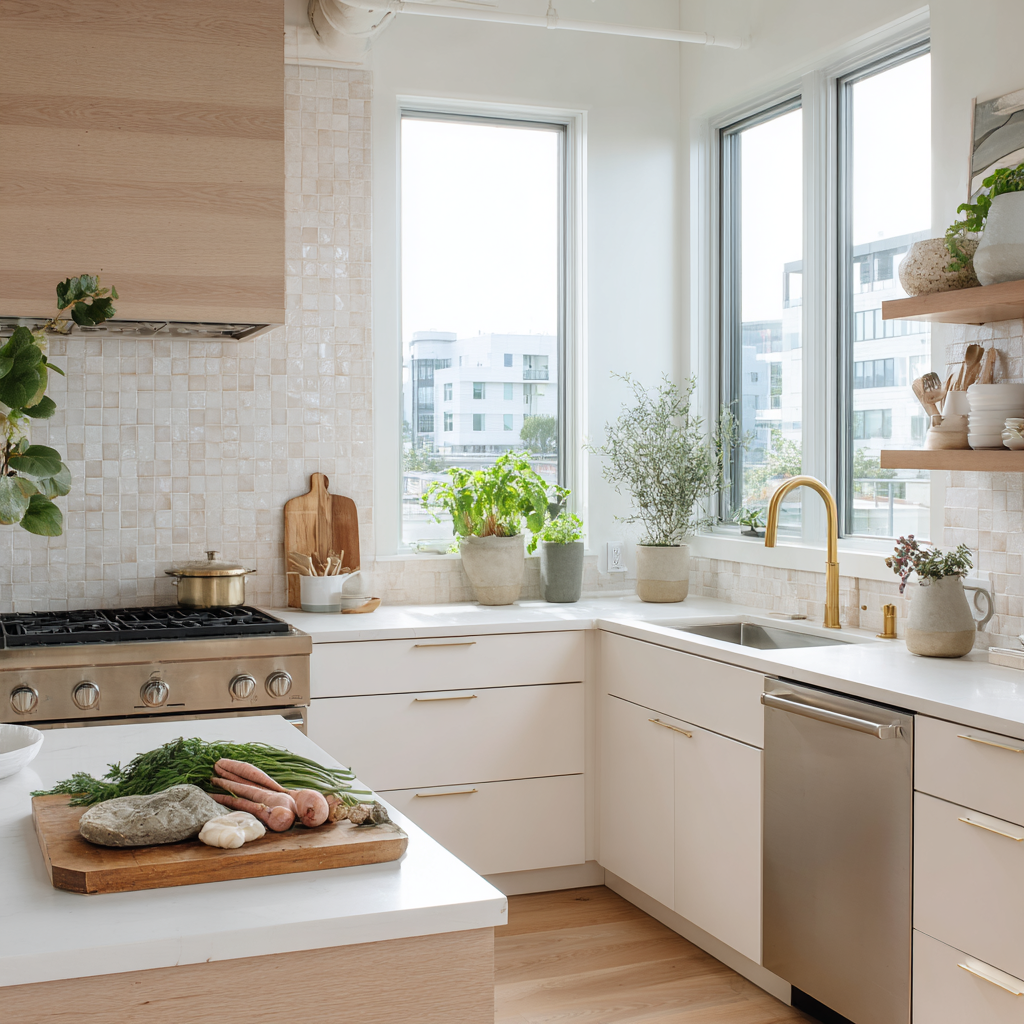 A modern, airy kitchen with white tiles, wood, and gold accents.