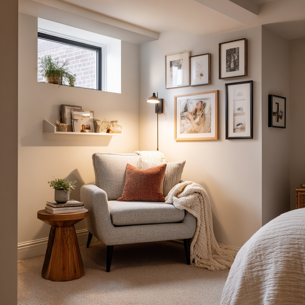 bright corner with reading chair, gallery wall, and egress window