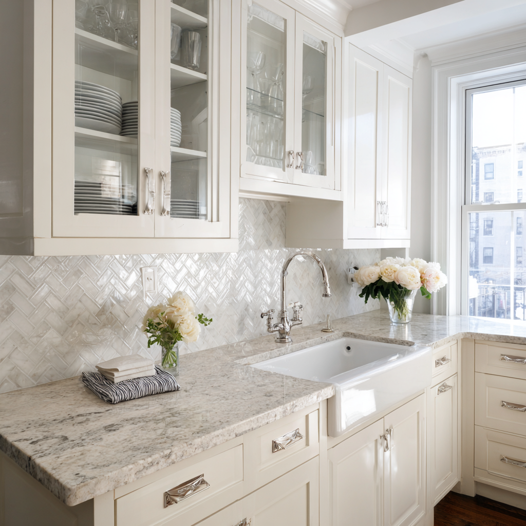 The bright classic kitchen with herringbone marble backsplash, glass-front cabinets, polished chrome hardware, and speckled granite