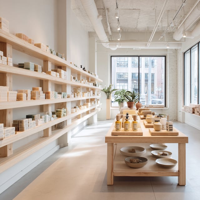 A bright, clean, modern retail store interior features light wood shelving displaying numerous packaged soaps, and a large wooden table in the foreground with bottles, bowls, and other products, all illuminated by natural light from large windows.