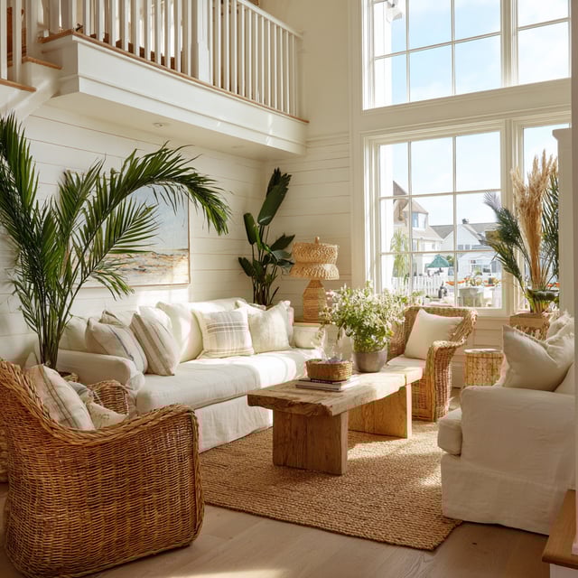 Bright coastal living room with wicker chairs and high windows.