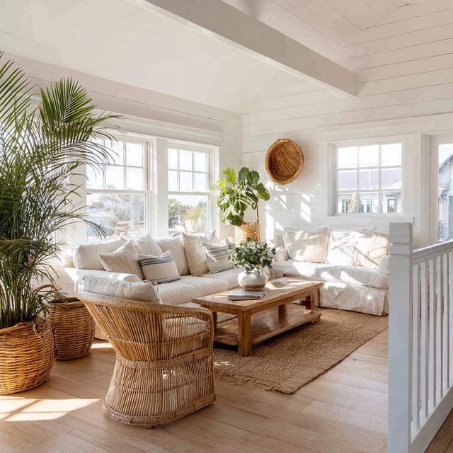 Bright coastal living room with white sectional and wicker chair.