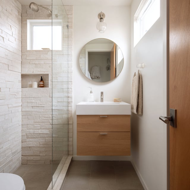 A bright compact three-quarter bathroom