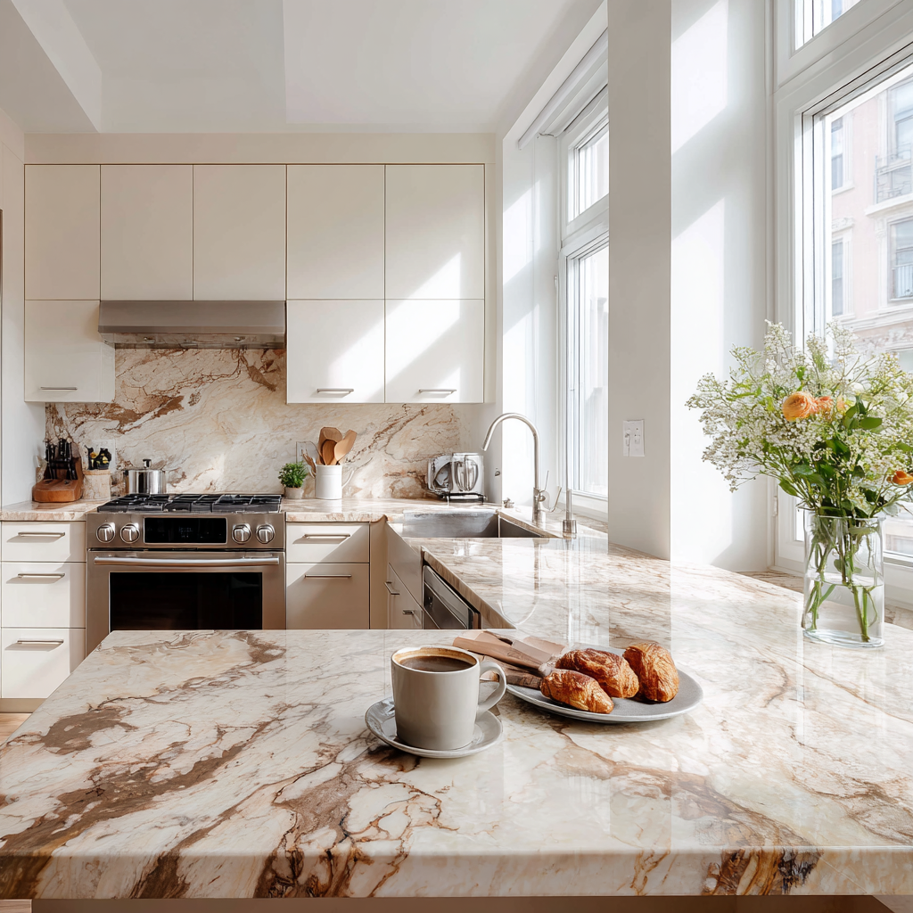 A bright, contemporary kitchen featuring expansive marble countertops and backsplash with rich brown veining, light-colored cabinets, a stainless steel range, and a breakfast setting with coffee and pastries near sunlit windows.