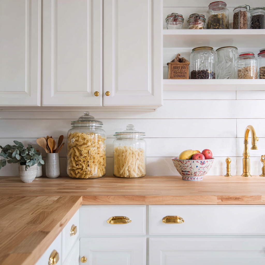 A bright, inviting kitchen with white-painted shiplap, butcher-block countertops and brass hardware.