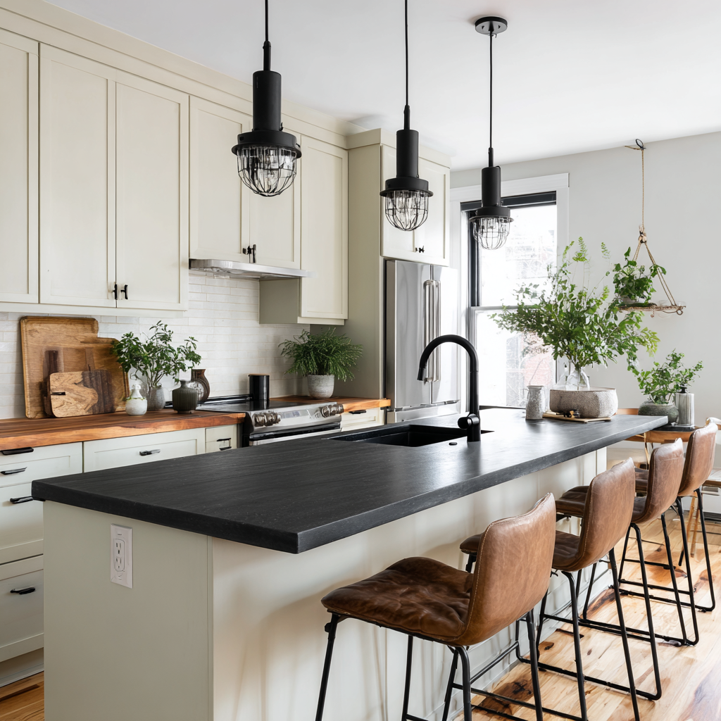 Light kitchen with black island, wood tops and caged lamps.