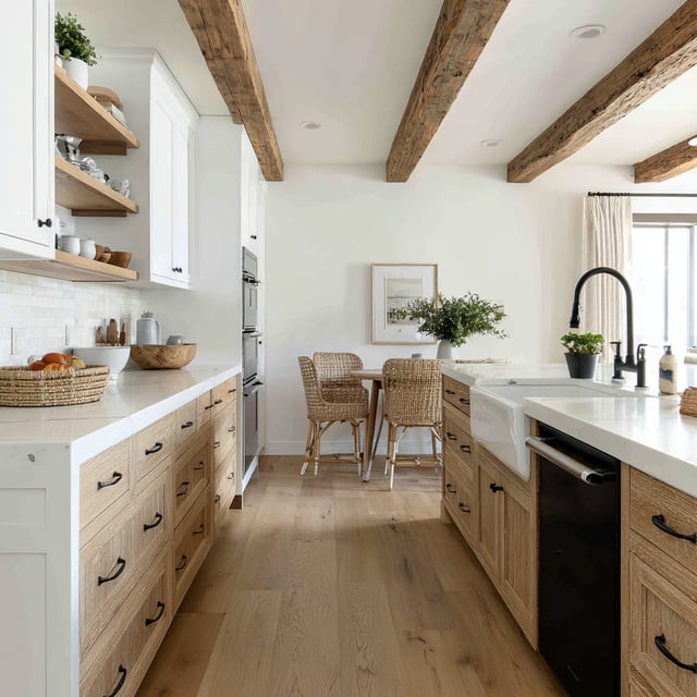 A bright modern farmhouse kitchen with light wood cabinets, white countertops, exposed ceiling beams, and a small dining nook.