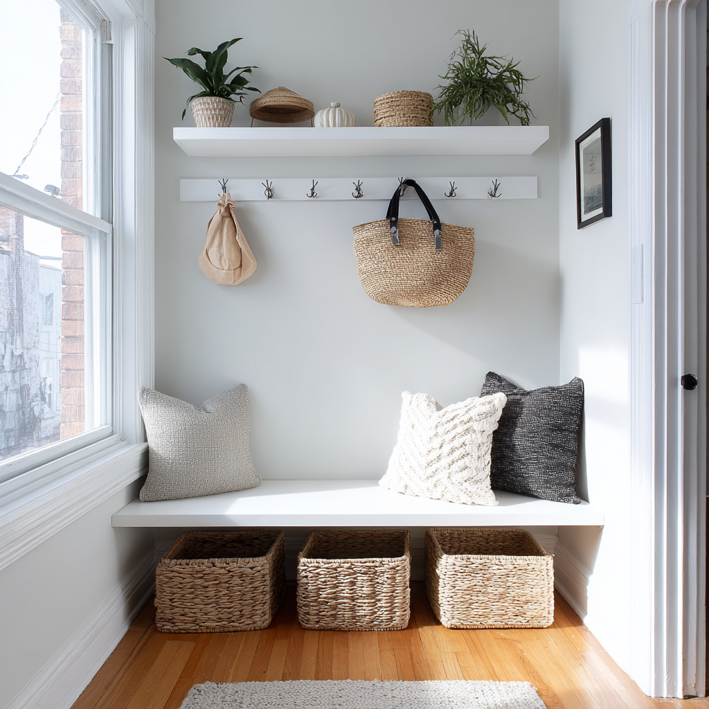 Bright, minimalist mudroom nook with a crisp white floating bench, woven seagrass baskets below, neutral textured throw pillows, white wall-mounted peg rail and shelf, natural fiber accessories, and light wood flooring in a clean Scandinavian–coastal style.