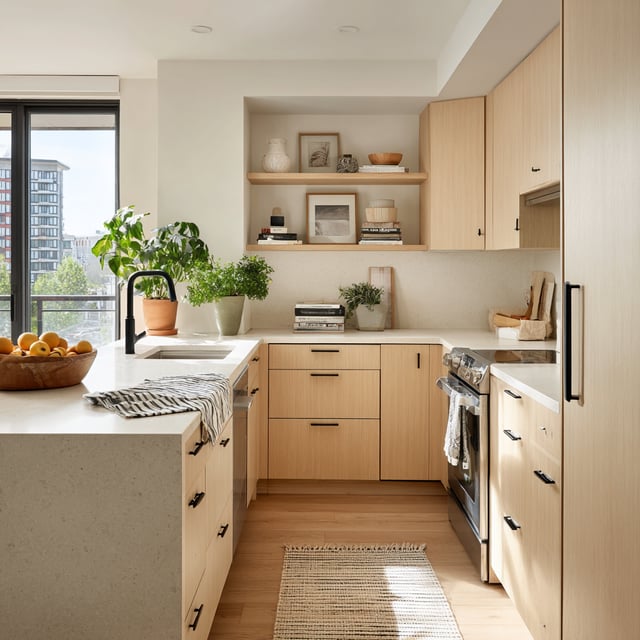Bright, open kitchen with light wood cabinets and a city view.