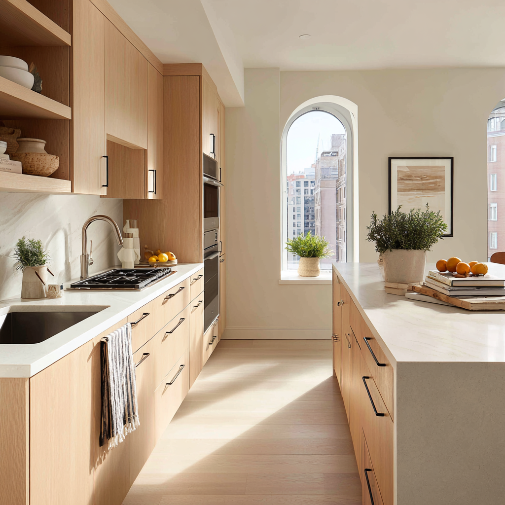 Bright, open-concept kitchen with light wood and marble counters.