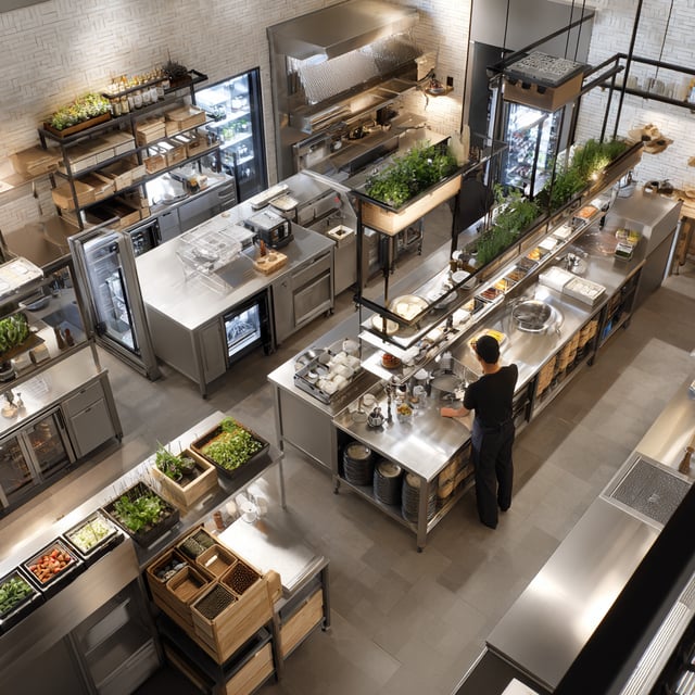 Overhead view of a modern commercial kitchen with stainless steel counters, open shelving, fresh produce, and a chef preparing food at a central workstation.