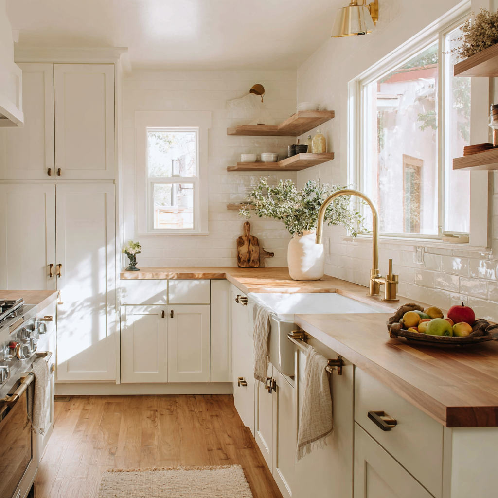 A bright farmhouse kitchen featuring warm white cabinetry with gold hardware, rustic butcher block countertops, and wrap-around wood floating shelves over a white subway tile backsplash.
