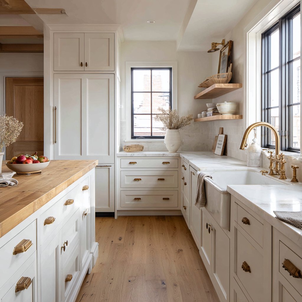 A farmhouse kitchen featuring warm white cabinetry with gold hardware, marble countertops, and rustic wood floating shelves alongside a deep farmhouse apron-front sink.