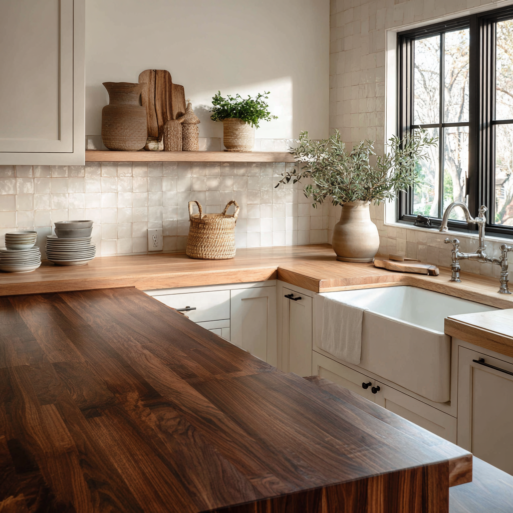 A bright, welcoming kitchen with wood cabinets, white uppers, gold pulls, and globe light.